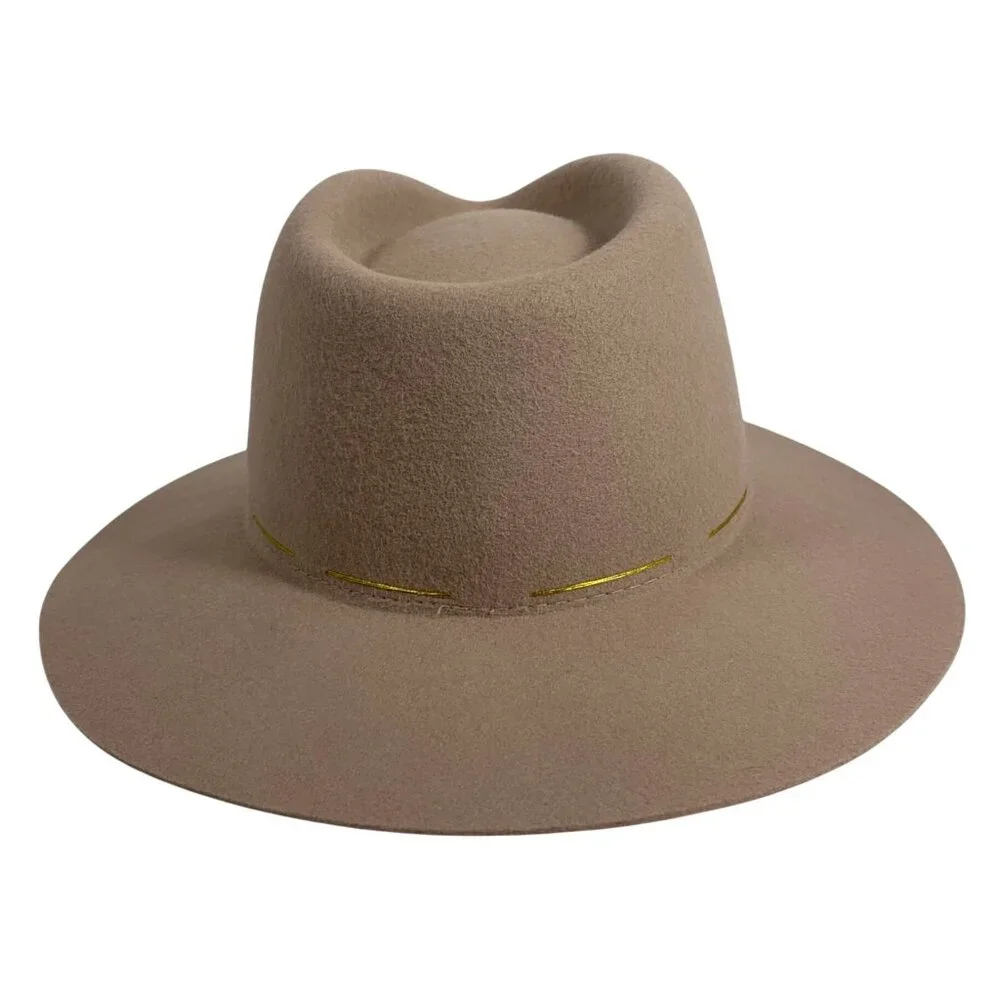 Morgan & Taylor 100% Australian Wool Tan Fedora Hat Gold Trim Band OSFM Adj NWT